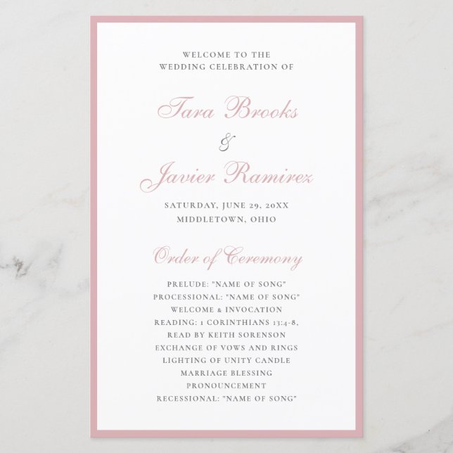 Simple Programme de Mariage Élégant et Rose Poussi (Devant)