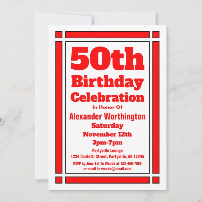 Simple Red 50th Birthday Invitation (Devant)