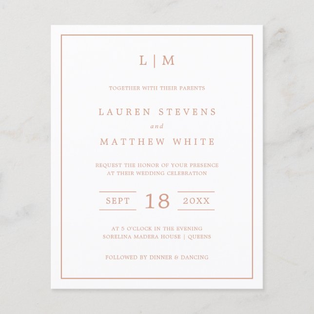 Simple Rose rose Monogramme Budget Mariage Invite (Devant)