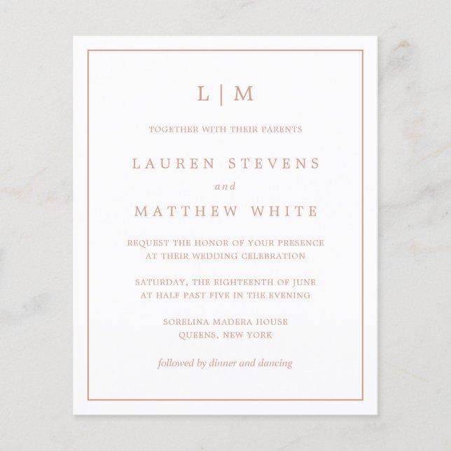 Simple Rose rose Monogramme Budget Mariage Invite (Devant)