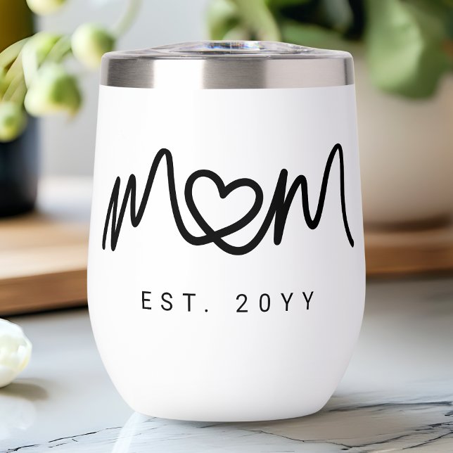Simple Script Cœur Mère Maman Établie Noir (Simple Black Script Heart Mother Mom Established Thermal Wine Tumbler)