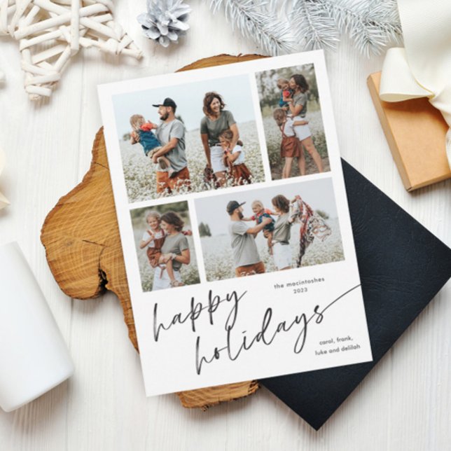 Simple Script de Collage de Photos Joyeuses Fêtes  (Simple black and white script happy holidays 4 photo collage holiday magnetic card.)