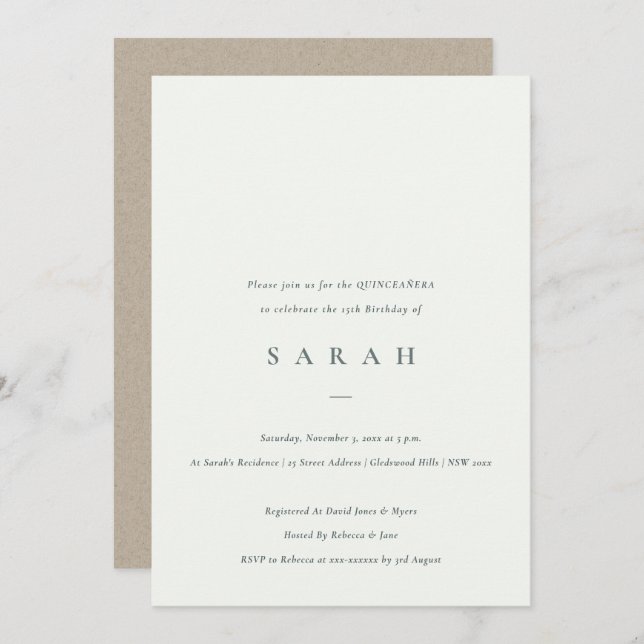 Simple script noir blanc Quinceañera Invitation (Devant / Derrière)