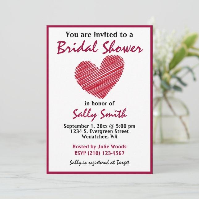 Simple Sketchy Red Heart Bridal Shower Invitation (Debout devant)