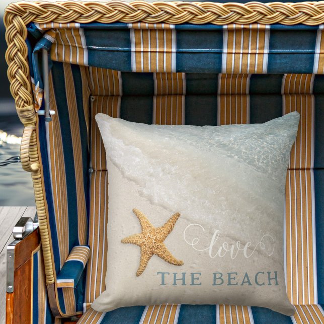Simple Starfish Waves Beach House Coussin (Simple starfish beach waves coastal nautical pillow with (optional) script text)