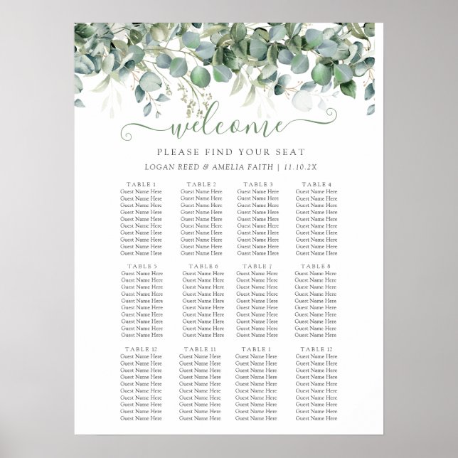 Simple tableau de mariage à la verdure d'eucalyptu (Devant)