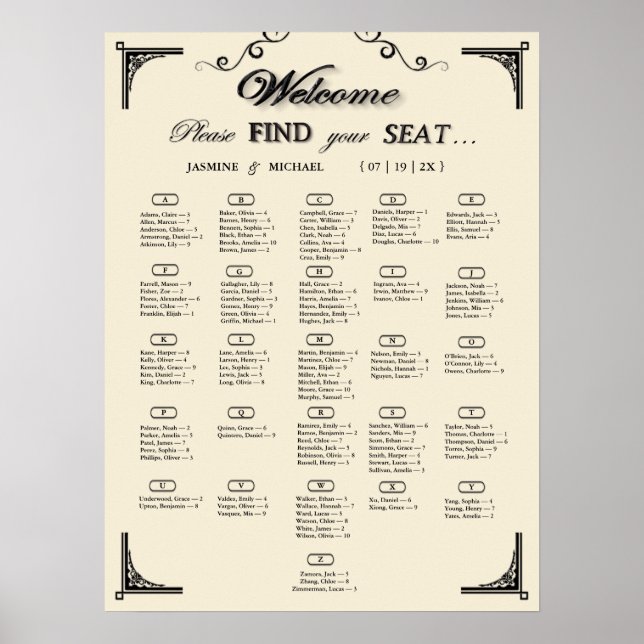 Simple tableau de placement de mariage alphabétiqu (Devant)