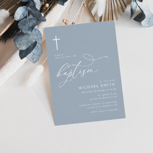 simple typographie dusty bleu baptême invitation