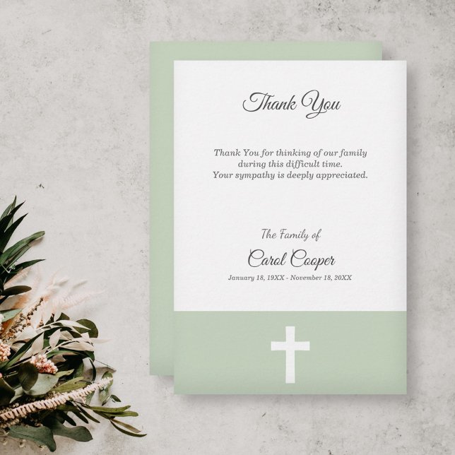 Simple, vert avec un Carte de remerciements funéra (Simple, Green with a Cross Funeral Thank You Card)