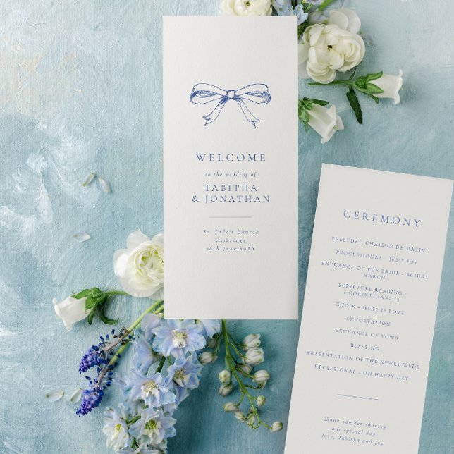 Simple Vintage Bow Blue Wedding Programme (Créateur téléchargé)