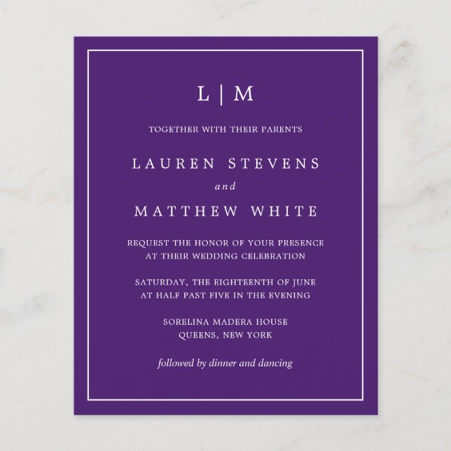 Simple violet Monogramme Budget Mariage Invitation (Devant)