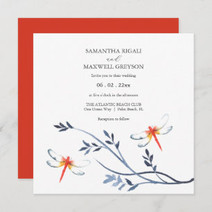 Simple Watercolor Red Dragonfly Wedding Invitation