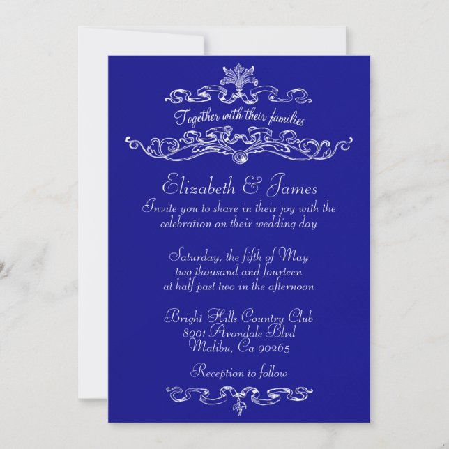 Simples invitations au mariage royal bleu de luxe (Devant)