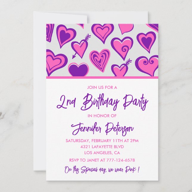 Simples invitations de 2ème anniversaire Glam Hear (Devant)