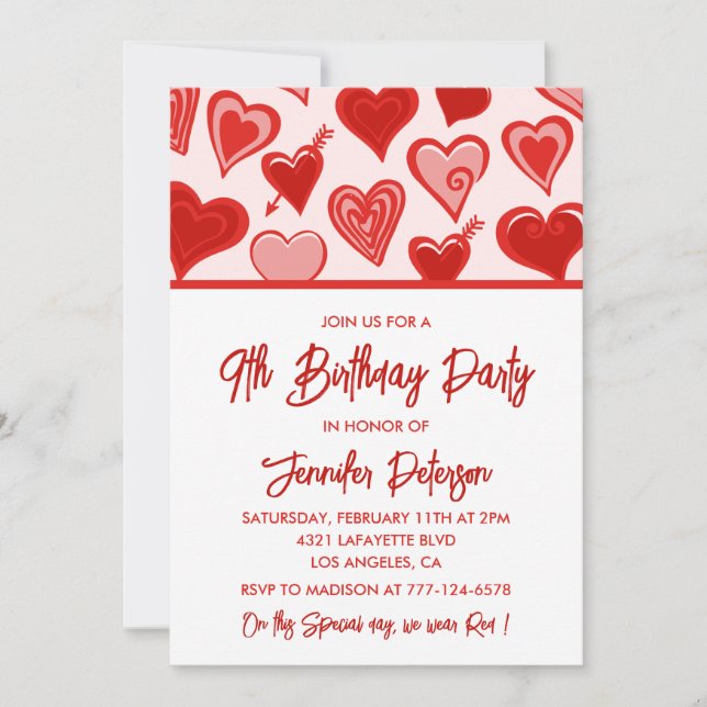 Simples invitations pour 9 ans pour ses Coeurs (Devant)