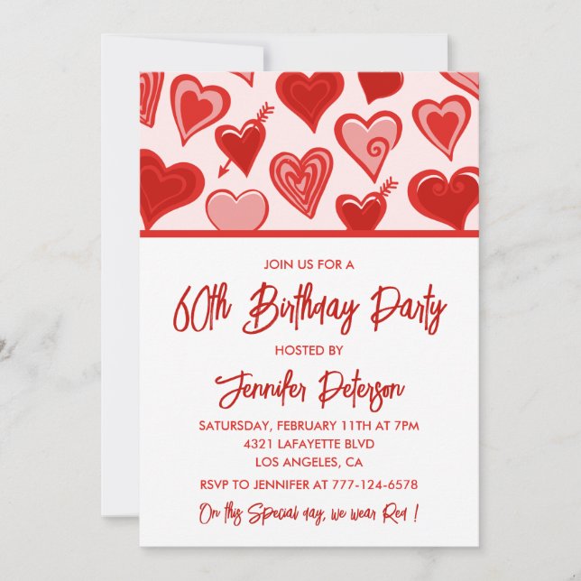 Simples invitations pour ses 60 ans pour ses Coeur (Devant)