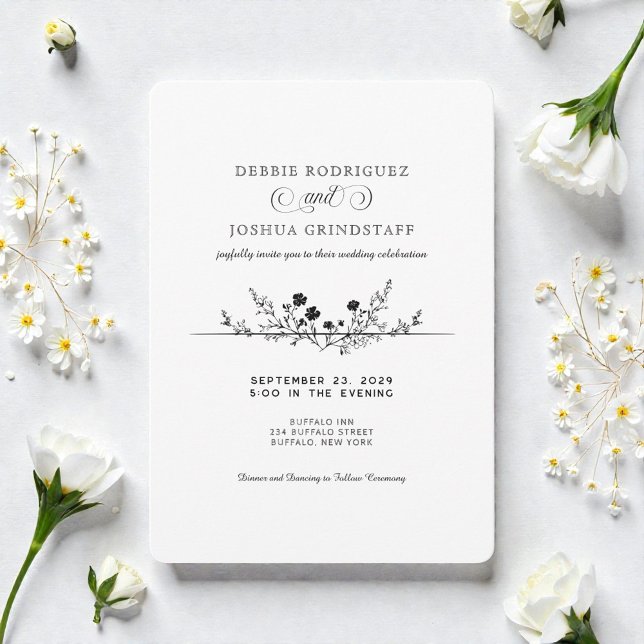 Simplistic Black White Floral Wedding Invitation  (Créateur téléchargé)