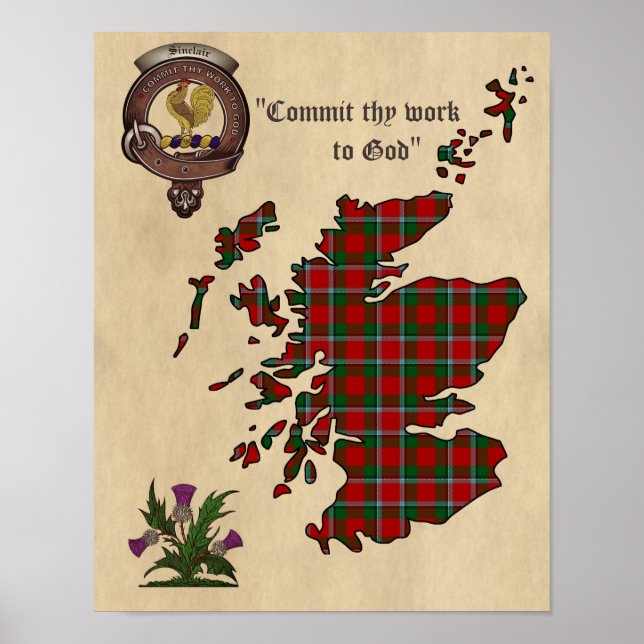 Sinclair Clan Badge et Tartan Poster 11x14 (Devant)