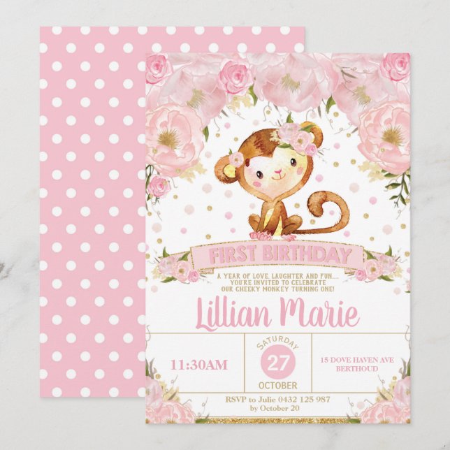 Singe floral rose 1er anniversaire Invitation fill (Devant / Derrière)