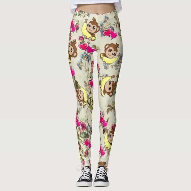 Singes Bananes Coeurs roses Leggings floraux (Devant)
