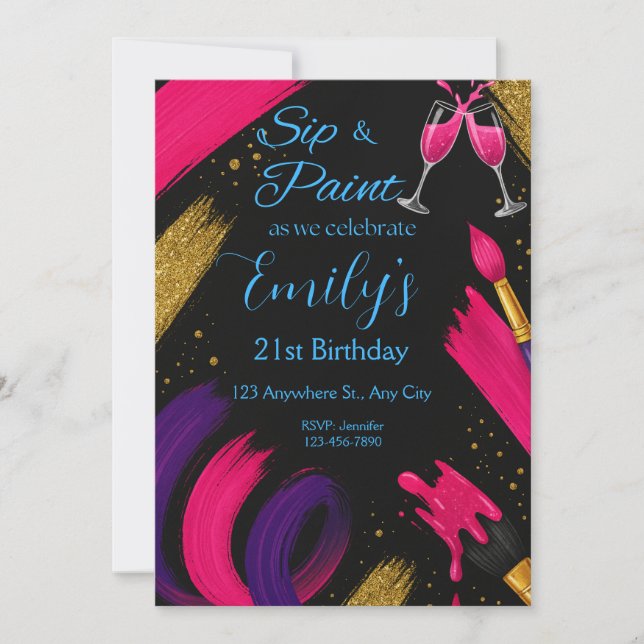 Sip and Paint Black & Rose Anniversaire Invitation (Devant)