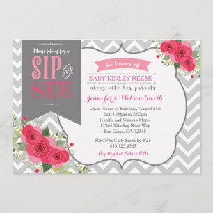 Sip and See Baby Girl Shower Invitation rose
