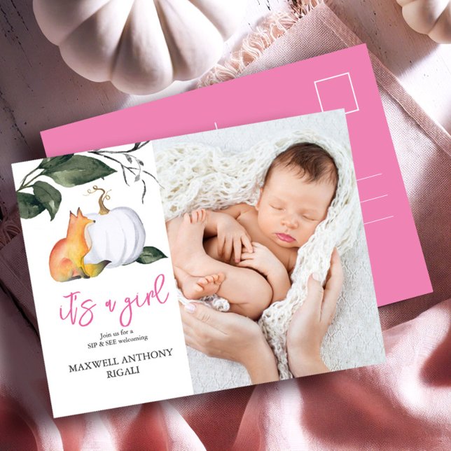 Sip and See Baby Shower Invitations Renard d'autom (Sip and see invitations watercolor fox and pumpkin fall design with photo postcard)