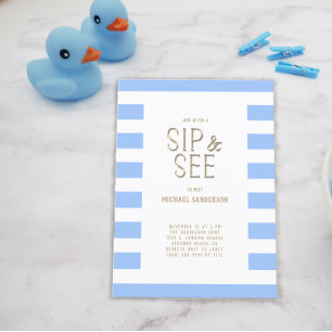 Sip and See Blue Striped Baby Boy Invitation