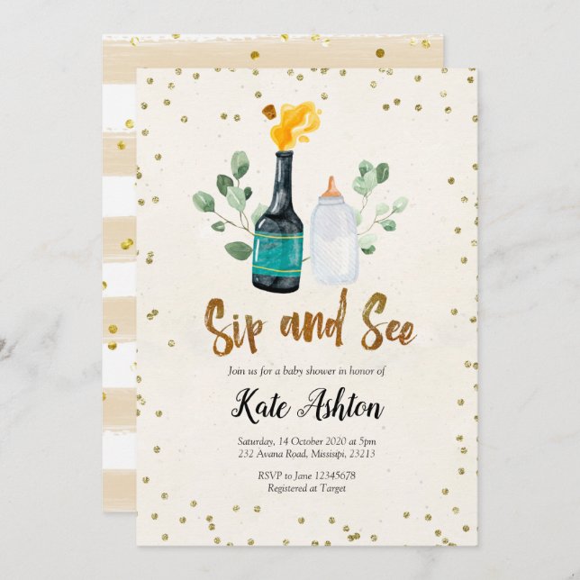 Sip and See Gender Neutral Baby shower Invitation (Devant / Derrière)
