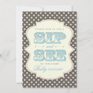 Sip and See Sweet Baby Boy Blue Invitation Brown