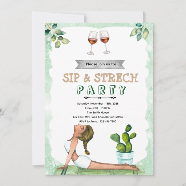 Sip and Stretch Wine and Yoga invitation (Devant)
