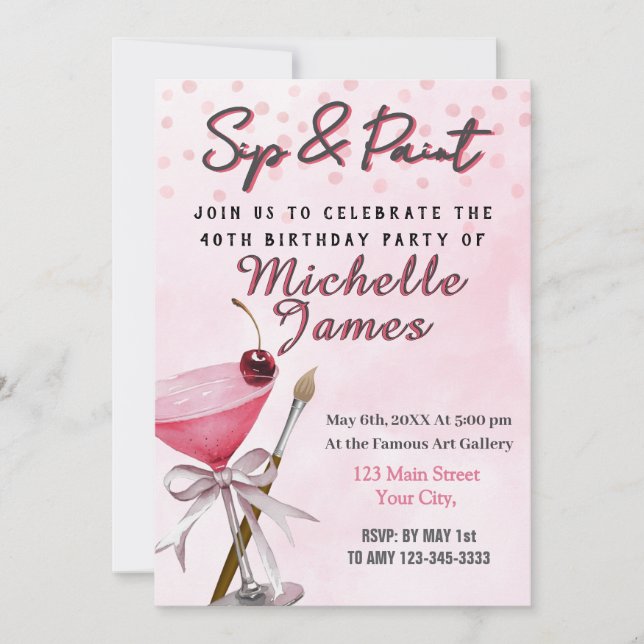 Sip & Paint 40th Birthday party Invitation (Devant)