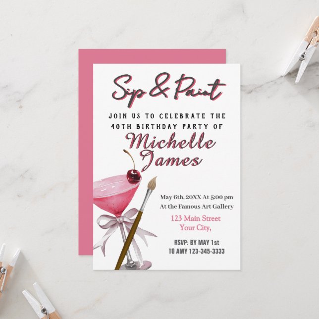 Sip & Paint Art 40e anniversaire Invitation (Devant/Arrière en situation)