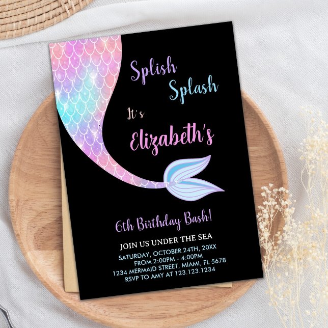 Sirène à éclaboussure noire Invitations d'annivers (Black Splash Splish Mermaid Birthday Invitations)