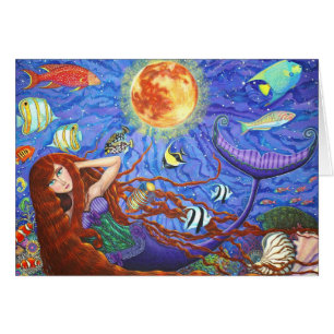 Sirène à tête rouge en Corse avec lune et poisson