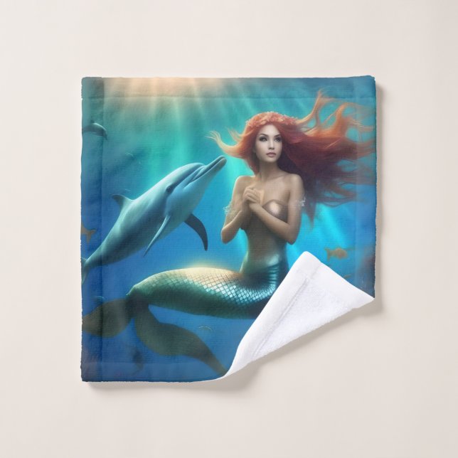 Sirène Angélique Nageant Avec Dauphins, (Gant de toilette)
