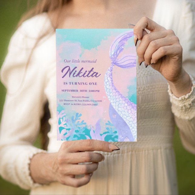 sirène aquarelle 1er anniversaire Invitation (Créateur téléchargé)