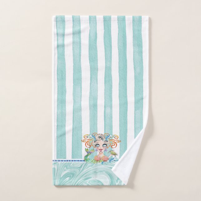 Sirène avec Tortue et Rayures Bleues (Serviette à main)