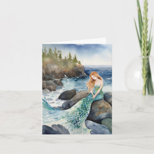 Sirène D'Aquarelle Sur Les Rochers Océaniques