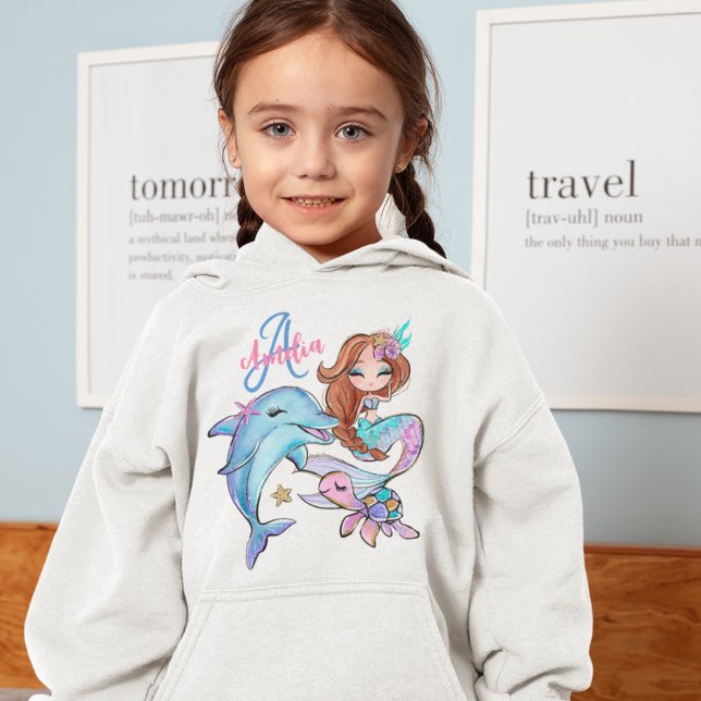 Sirène de cheveux Brown Personnalisé Enfants Nom F (Brown Hair Mermaid Custom Kids Name Pink Girl Hoodie
)