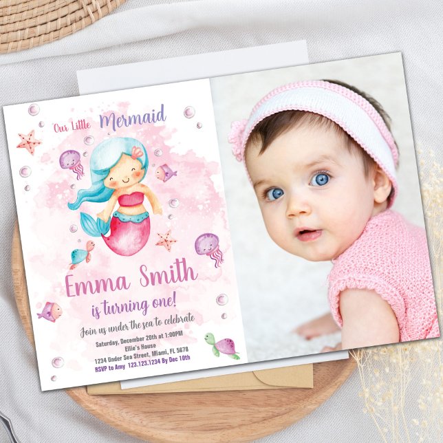 Sirène de nuage rose Invitations d'anniversaire av (Pink Cloud Mermaid Birthday Invitations with photo)