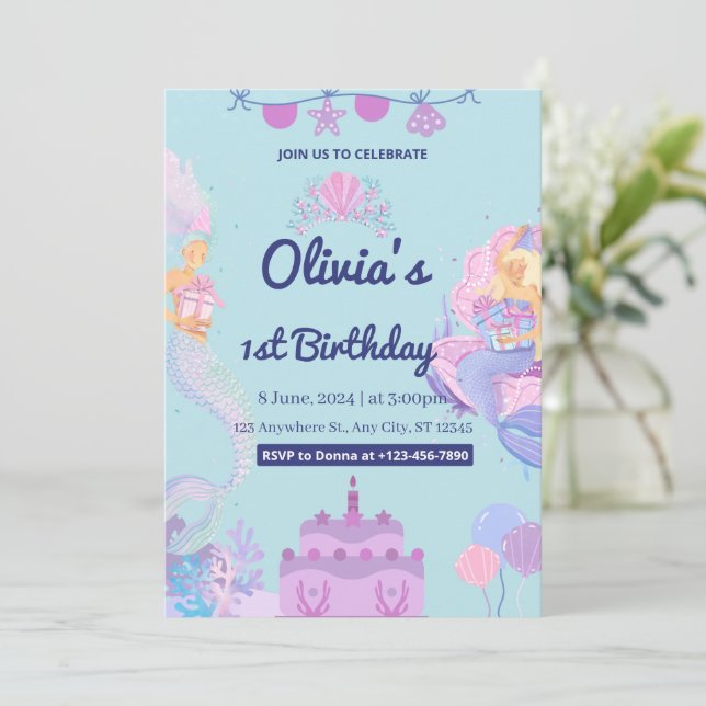 Sirène en mer 1er anniversaire Invitation (Debout devant)