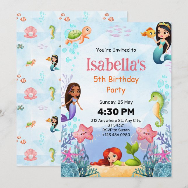 Sirène en mer 5 Anniversaire Fête Invitation (Devant / Derrière)