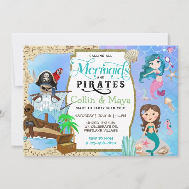 Sirène Et Pirate Anniversaire, Invitation D'Annive (Devant)