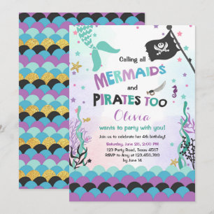 Sirène et Pirate invitation d'anniversaire Purple 