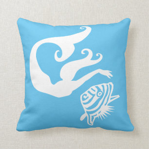 sirène et poisson ange Blanc sur bleu coussin