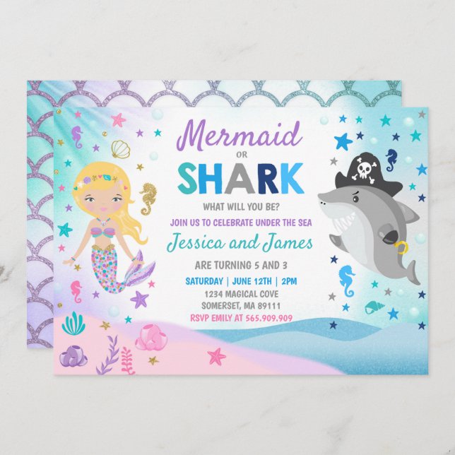 Sirène Et Requin Anniversaire Invitation Pool (Devant / Derrière)