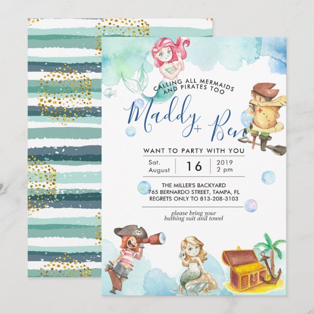 Sirène & Pirate | Invitation pour une fête en pisc (Devant / Derrière)