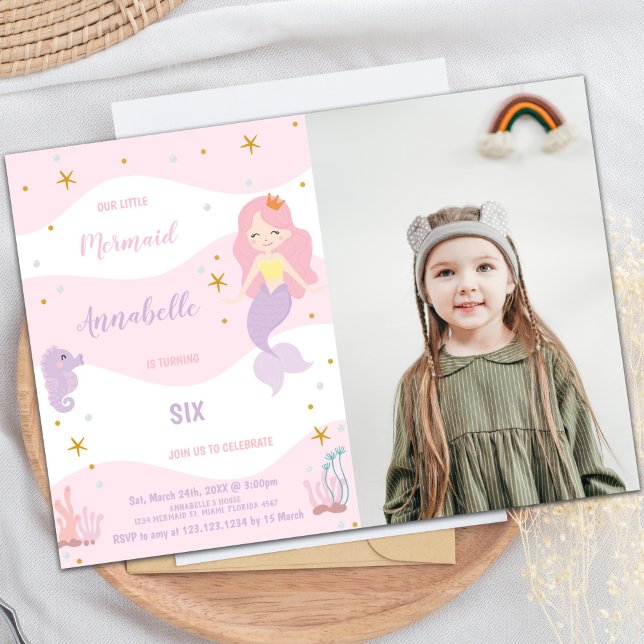 Sirène rose de la Couronne Invitation à l'annivers (Pink Crown Mermaid Birthday Invitations with photo)