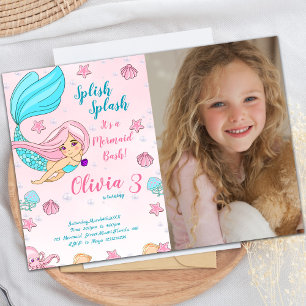 Sirène rose Invitations Anniversaire avec photo